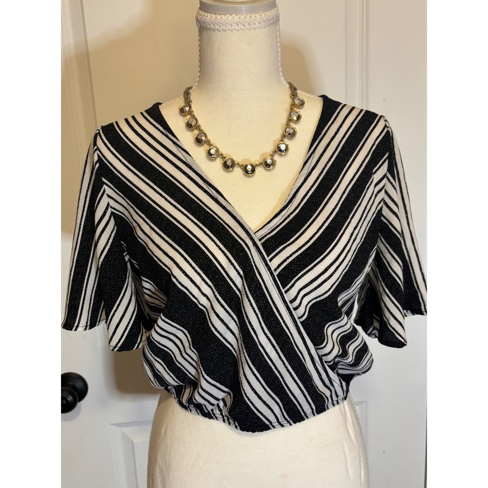 Sadie and Sage Black White Striped Surplice Crop Top V-Neck Flutter Sleeve XS